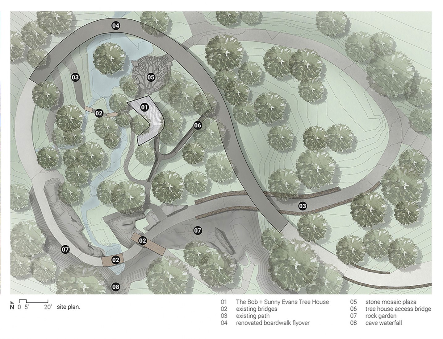 Plano de situación. La Casa del Árbol Evans en el Bosque de los Jardines de Garvan por modus studio y la Universidad de Arkansas.