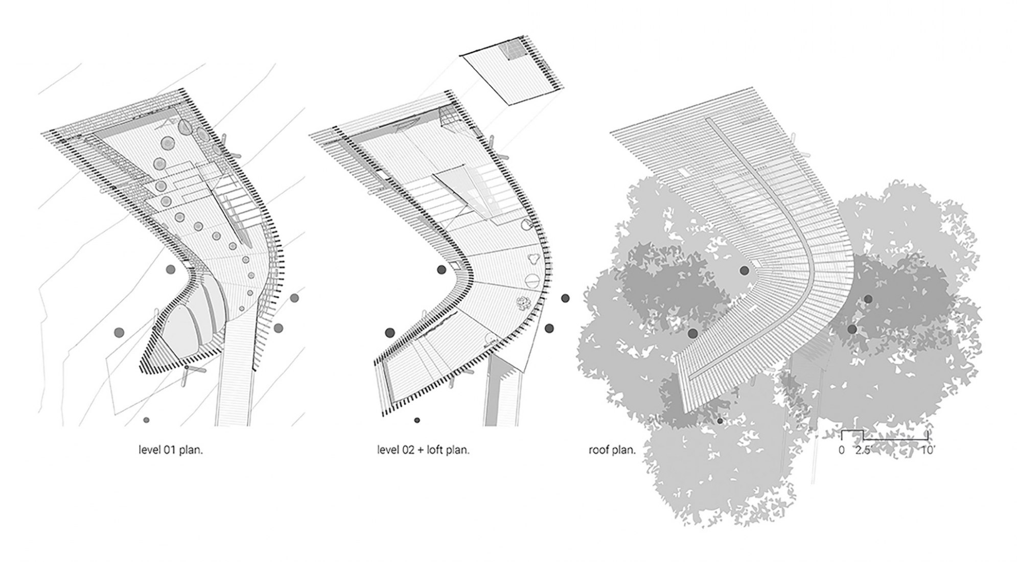 Planos de las diferentes plantas. La Casa del Árbol Evans en el Bosque de los Jardines de Garvan por modus studio y la Universidad de Arkansas.