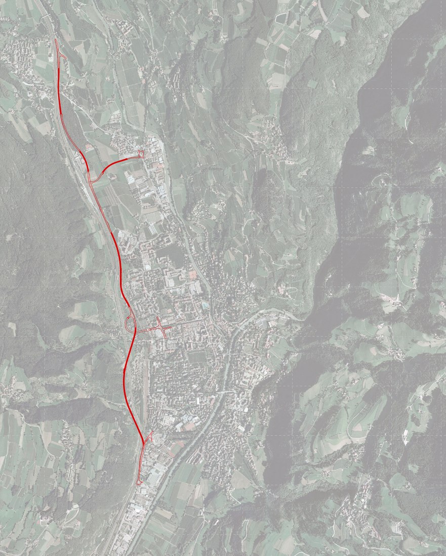 Plano de situación aéreo. Unión central de la carretera de circunvalación Bressanone-Varna por MoDusArchitects