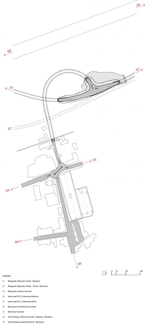 Planta de proyecto 1:1500 con ubicaciones. Unión central de la carretera de circunvalación Bressanone-Varna por MoDusArchitects