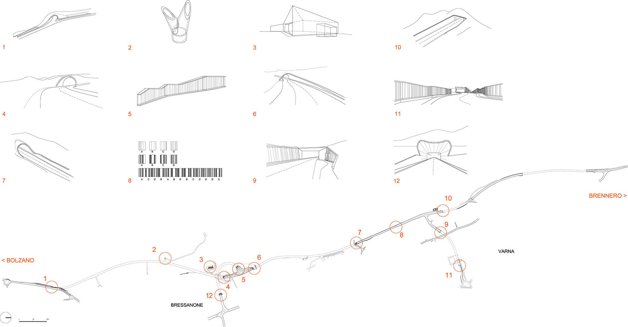 Plano de situación 1:10000 con keymap. Unión central de la carretera de circunvalación Bressanone-Varna por MoDusArchitects