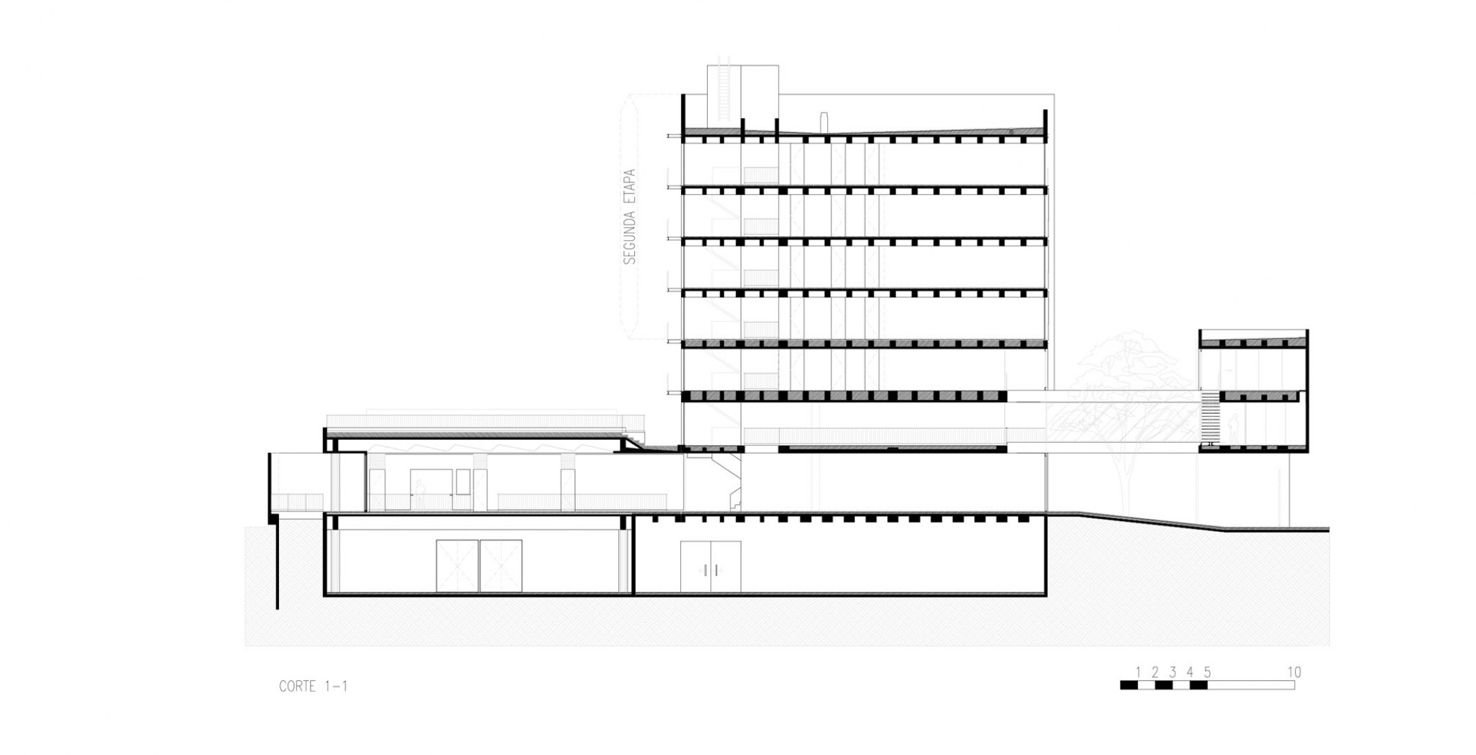 Section, second stage. New College of Architects of Córdoba headquarters by Adolfo Mondejar, Pablo Mondejar, Dolores Gómez Macedo Arquitectos.