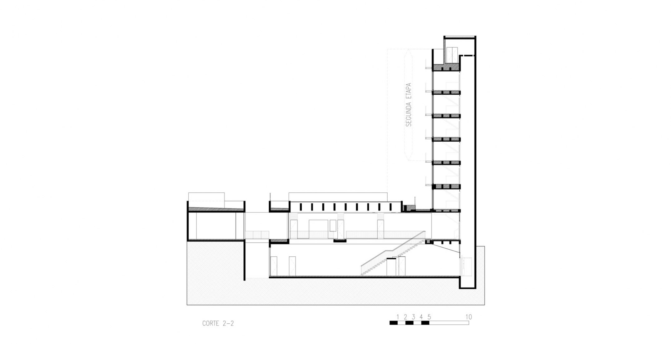 Section, second stage. New College of Architects of Córdoba headquarters by Adolfo Mondejar, Pablo Mondejar, Dolores Gómez Macedo Arquitectos.