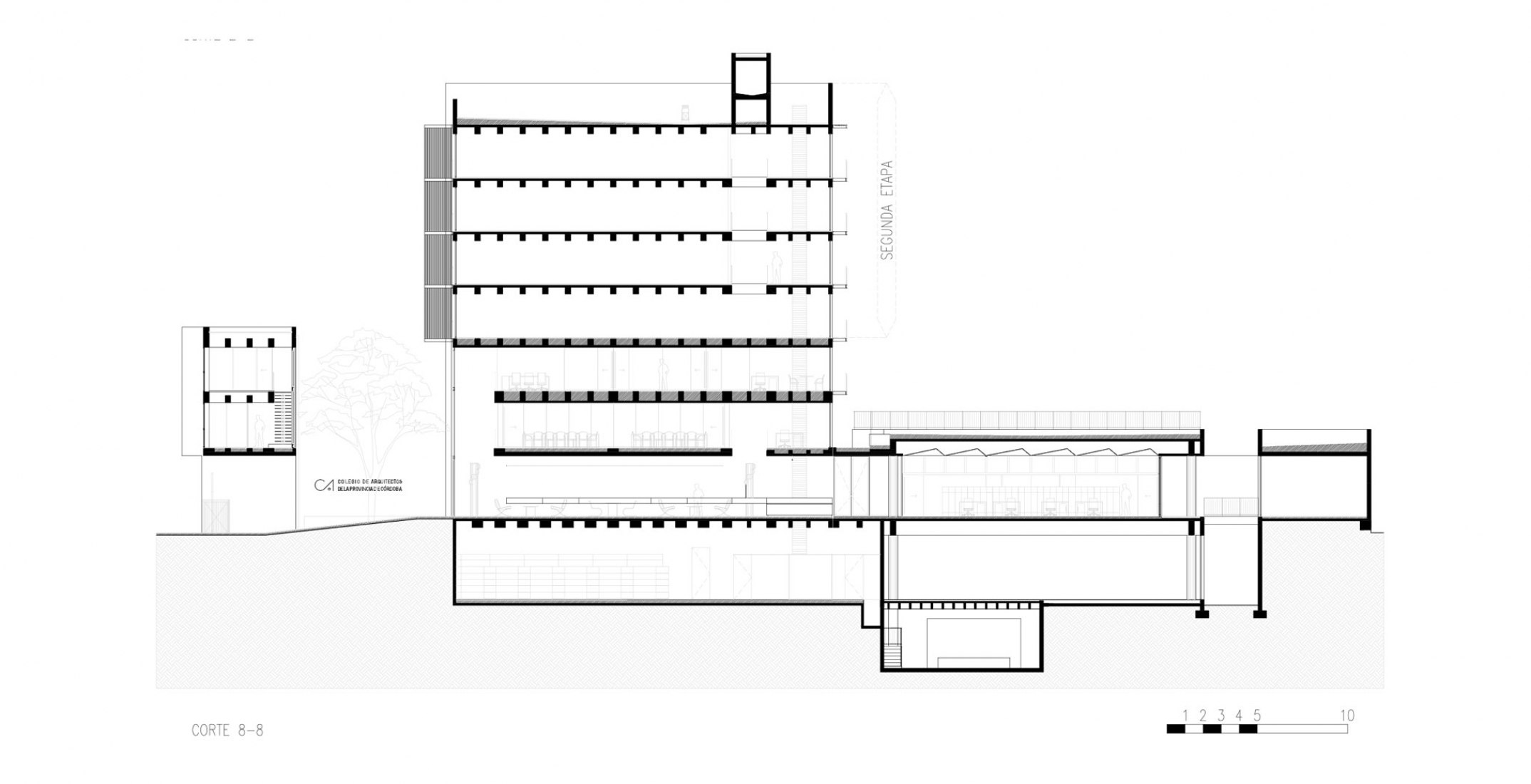 Section, second stage. New College of Architects of Córdoba headquarters by Adolfo Mondejar, Pablo Mondejar, Dolores Gómez Macedo Arquitectos.