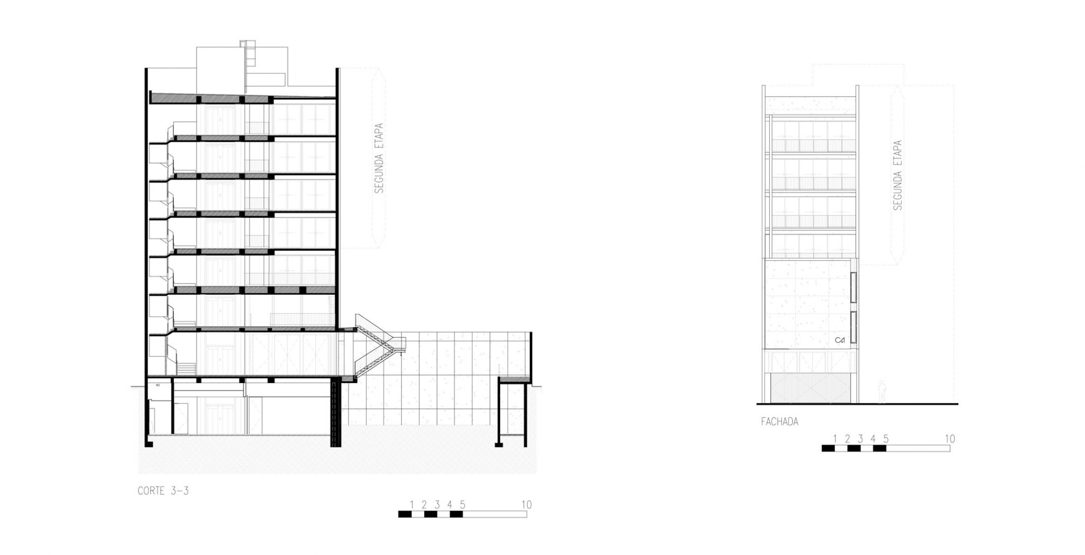 Section and elevation second stage. New College of Architects of Córdoba headquarters by Adolfo Mondejar, Pablo Mondejar, Dolores Gómez Macedo Arquitectos.
