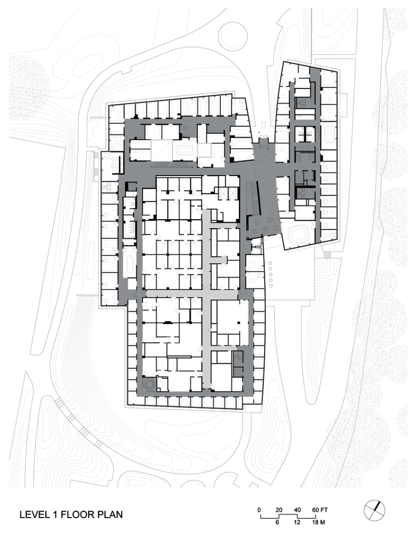 First level plan. Peretsman - Scully Hall and Princeton Neuroscience Institute by Rafael Moneo, Davis Brody Bond and Michael Van Valkenburgh Associates. Image © Princeton University.