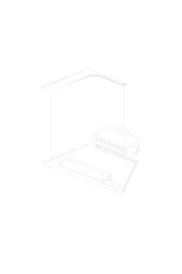 Axonometric drawing. School Refectory in Montbrun-Bocage by BAST. Emerging Architecture Award 2019.