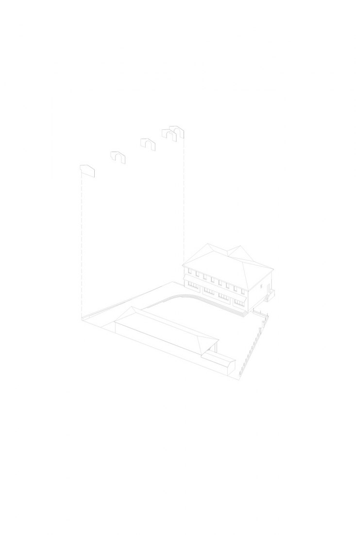 Axonometric drawing. School Refectory in Montbrun-Bocage by BAST. Emerging Architecture Award 2019.