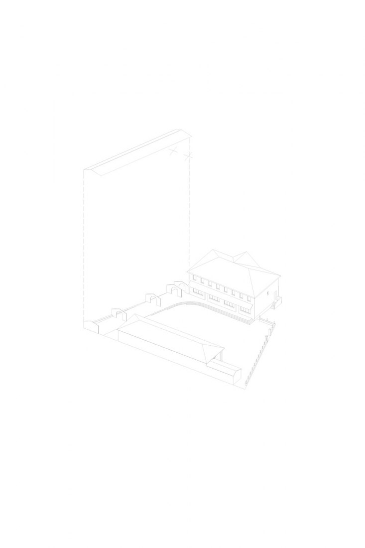 Axonometric drawing. School Refectory in Montbrun-Bocage by BAST. Emerging Architecture Award 2019.