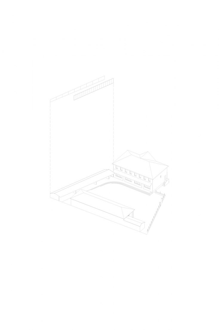 Axonometric drawing. School Refectory in Montbrun-Bocage by BAST. Emerging Architecture Award 2019.