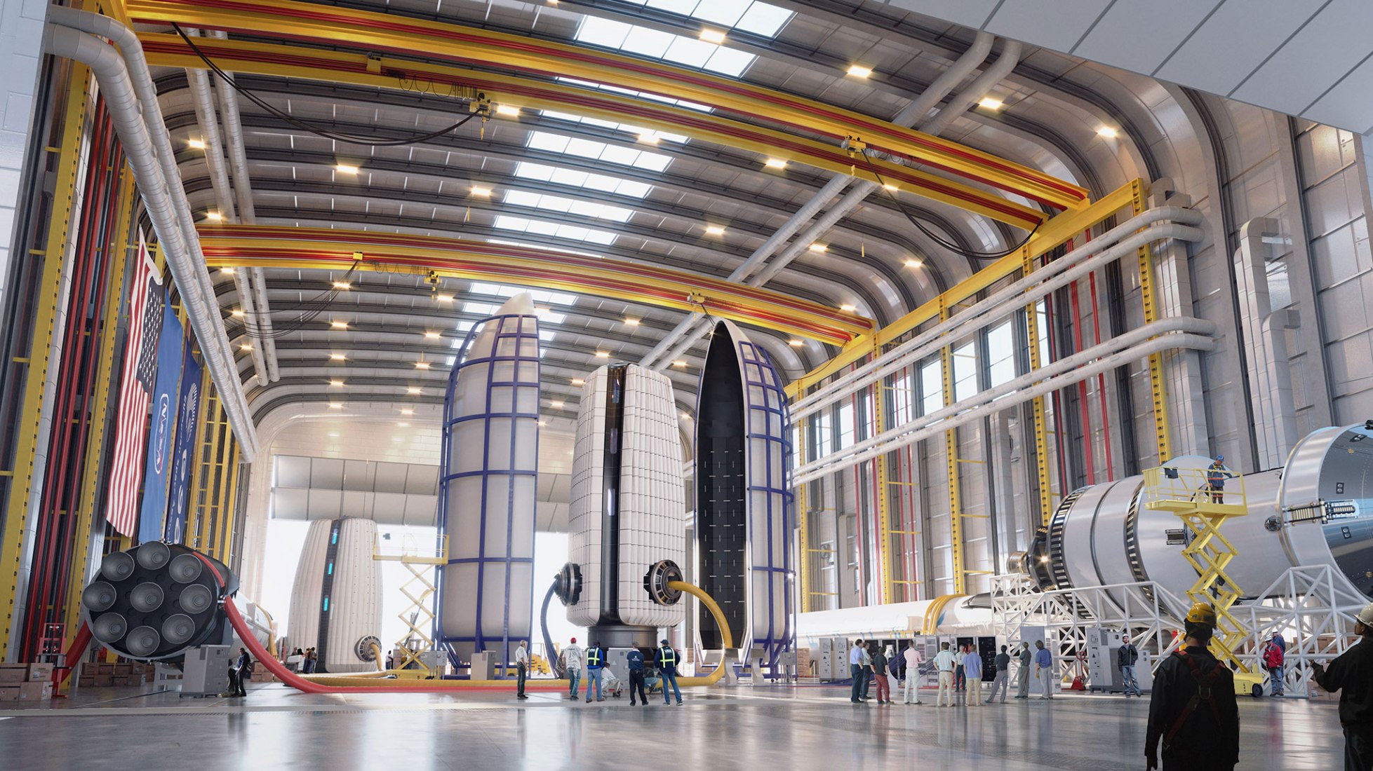 An interior view of a hangar. Image © SOM | Slashcube GmbH