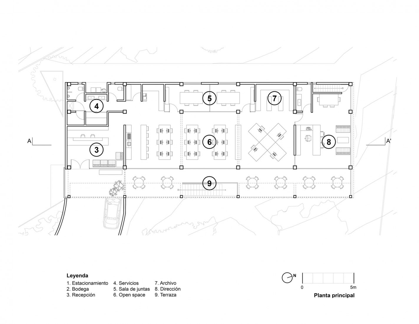 Planta de acceso. Corporativo Dunza por Morari Arquitectura + JAA.