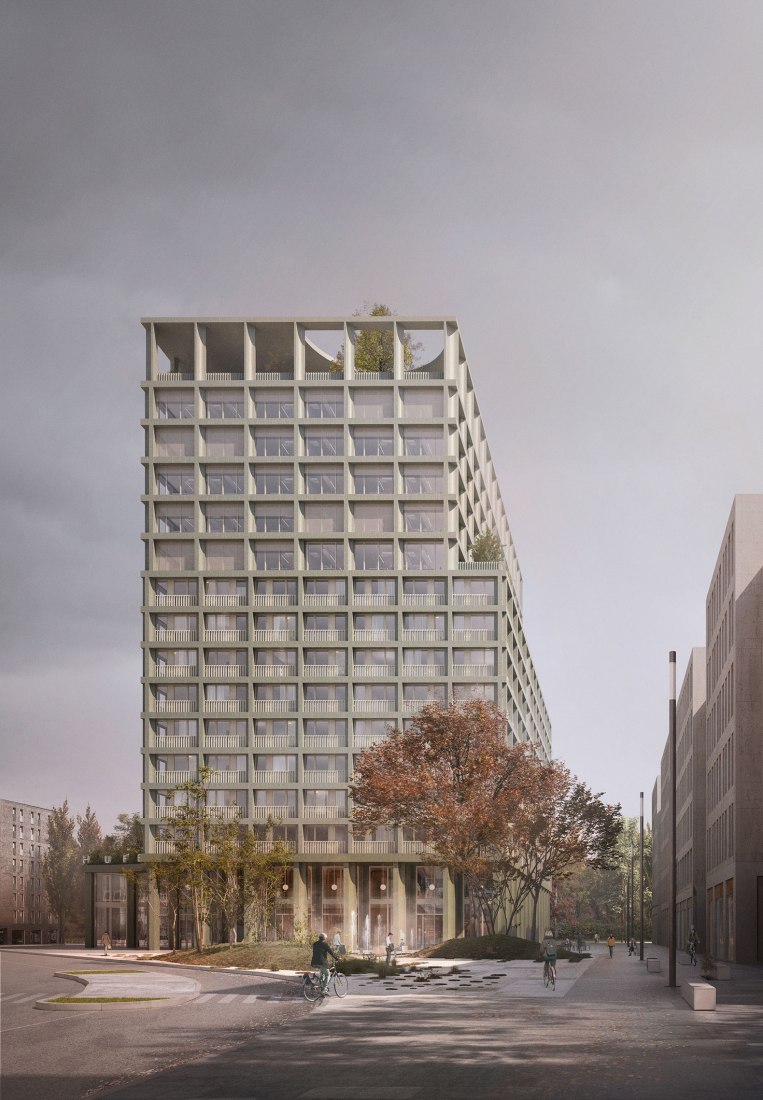 Rendering. Mixed-use hotel, retail and office building in Munich by Morris+Company and Kirchberger & Wiegner Rohde.