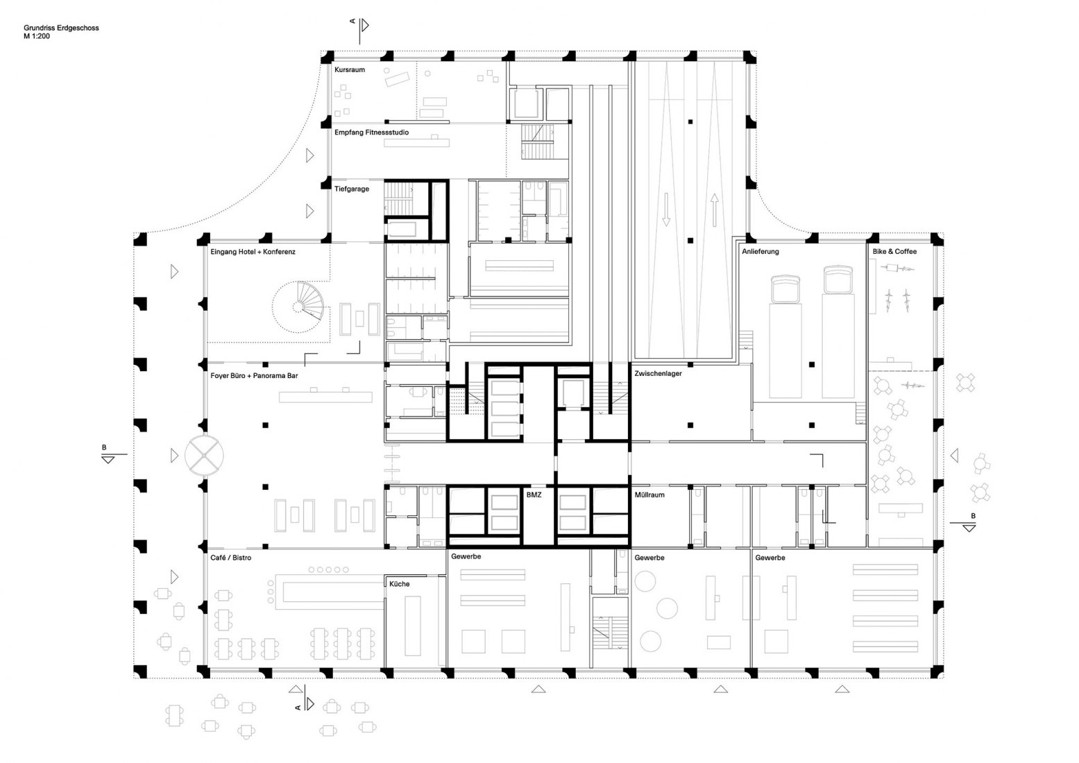 Ground floor plan. Mixed-use hotel, retail and office building in Munich by Morris+Company and Kirchberger & Wiegner Rohde.