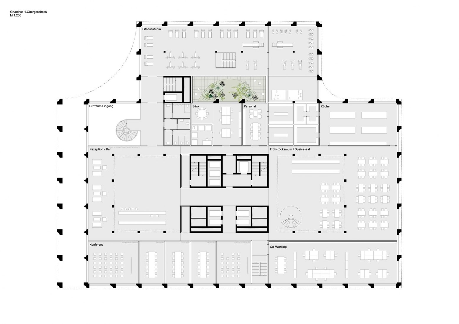 First floor plan. Mixed-use hotel, retail and office building in Munich by Morris+Company and Kirchberger & Wiegner Rohde.