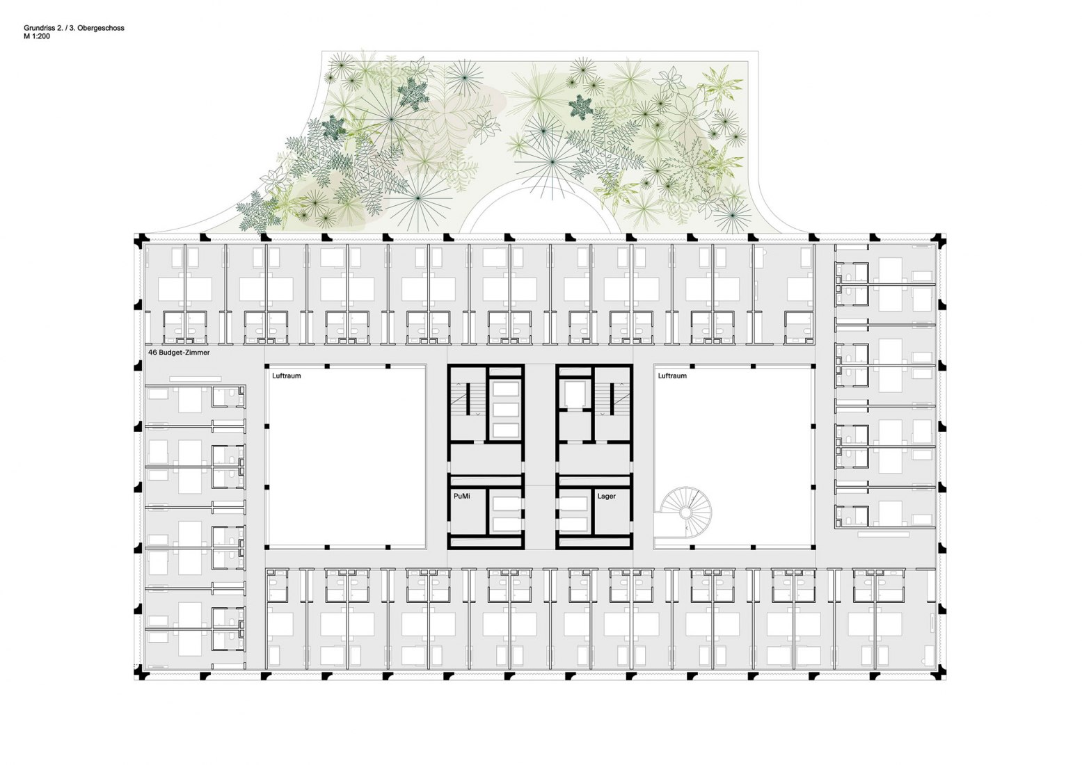 Hotel floor plan. Mixed-use hotel, retail and office building in Munich by Morris+Company and Kirchberger & Wiegner Rohde.