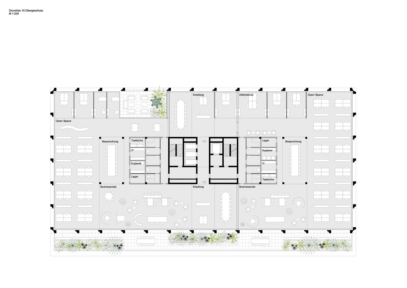 Office floor plan. Mixed-use hotel, retail and office building in Munich by Morris+Company and Kirchberger & Wiegner Rohde.