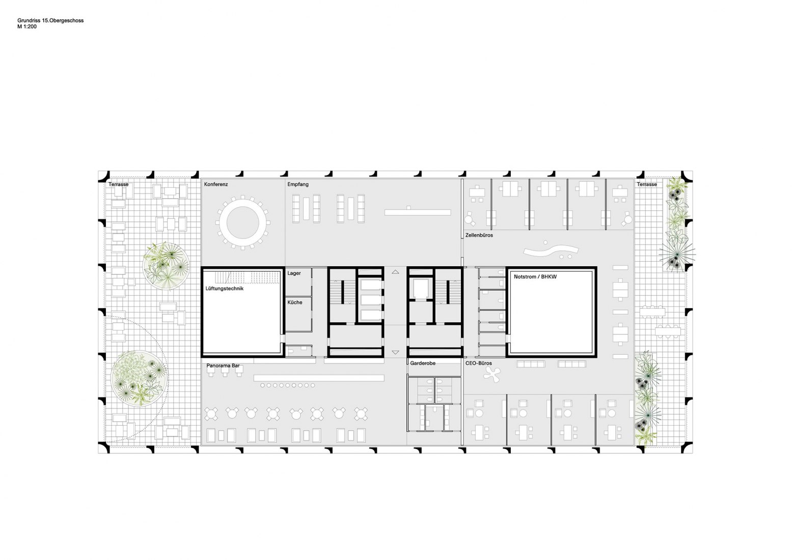 Office and skybar floor plan. Mixed-use hotel, retail and office building in Munich by Morris+Company and Kirchberger & Wiegner Rohde.
