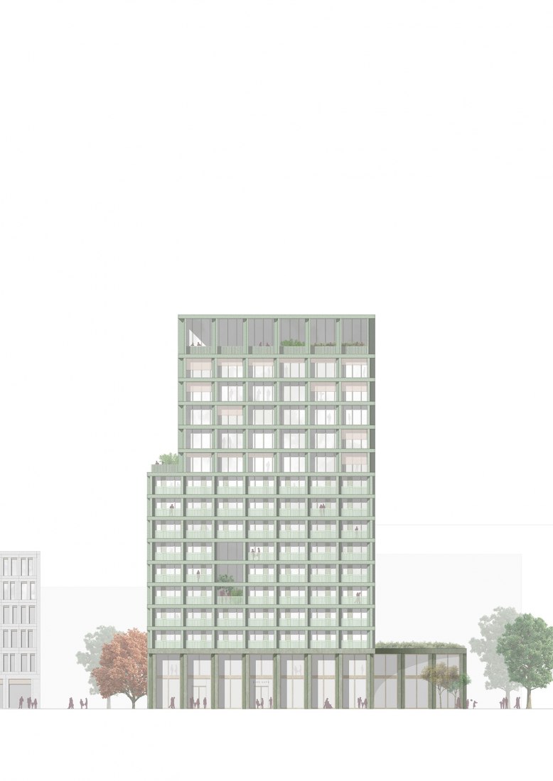 East elevation. Mixed-use hotel, retail and office building in Munich by Morris+Company and Kirchberger & Wiegner Rohde.