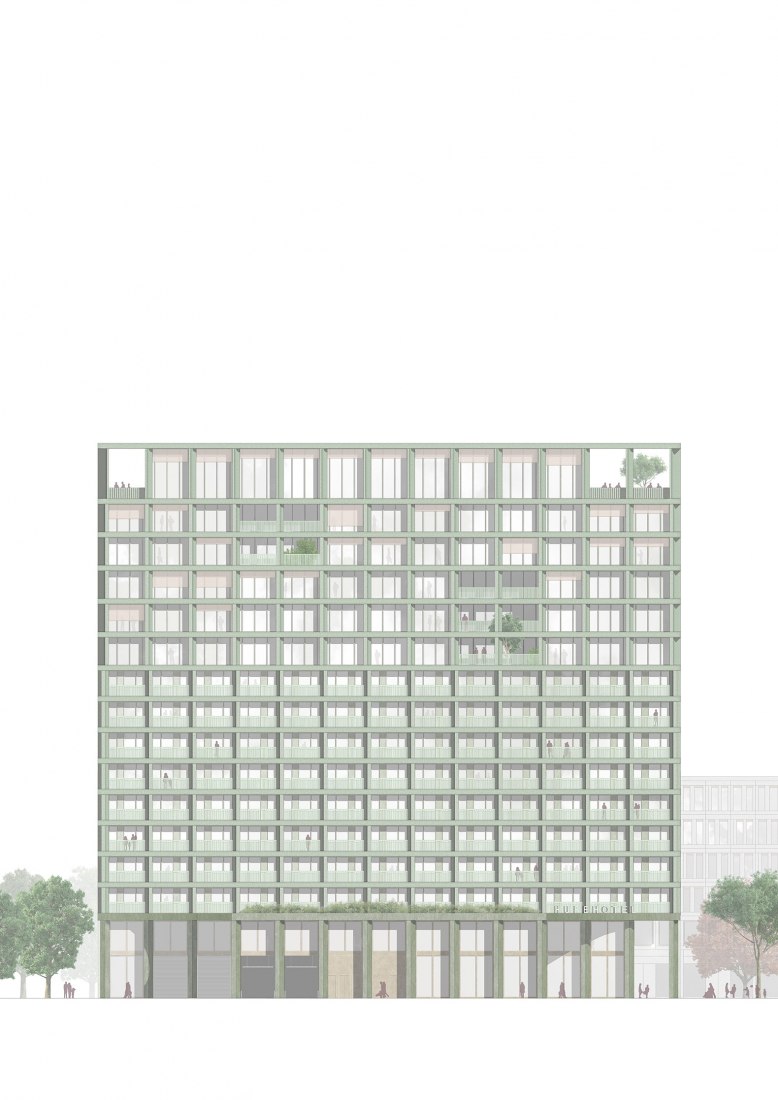 North elevation. Mixed-use hotel, retail and office building in Munich by Morris+Company and Kirchberger & Wiegner Rohde.