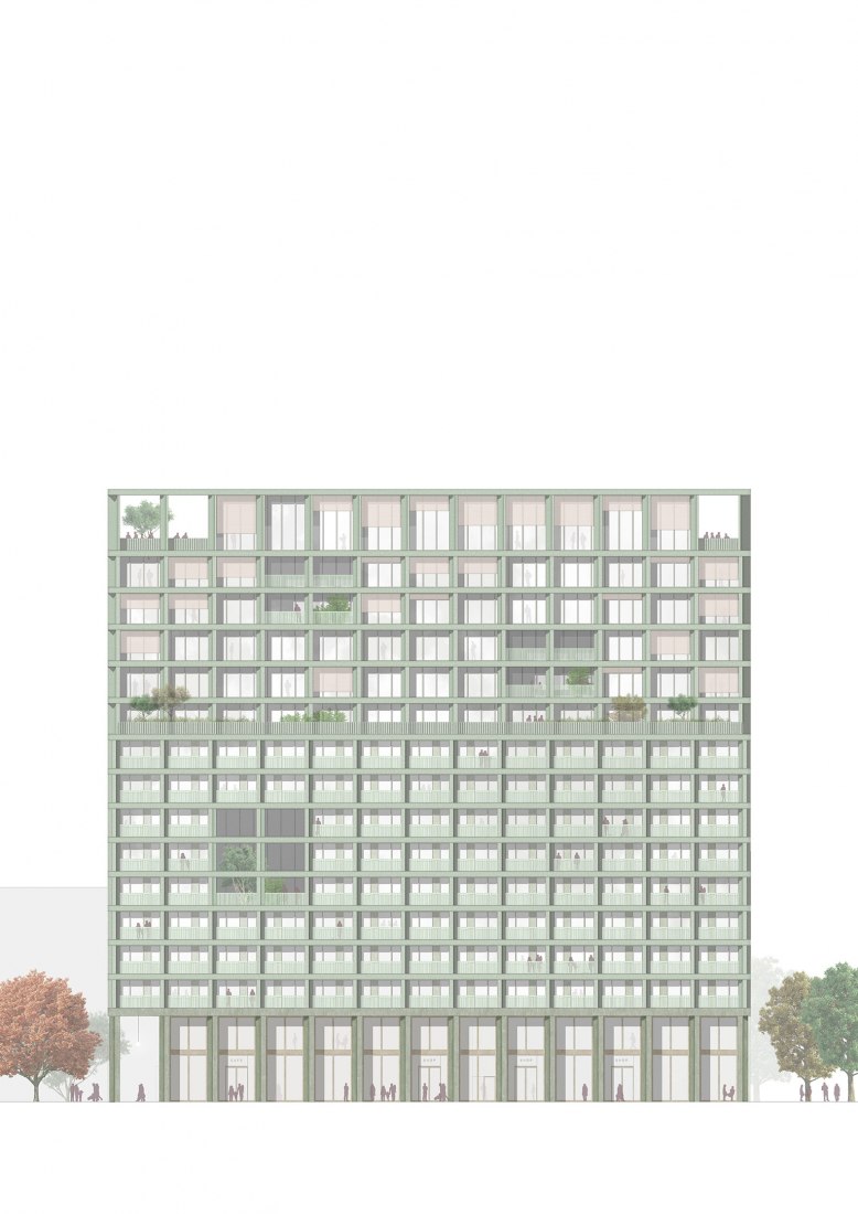 South elevation. Mixed-use hotel, retail and office building in Munich by Morris+Company and Kirchberger & Wiegner Rohde.