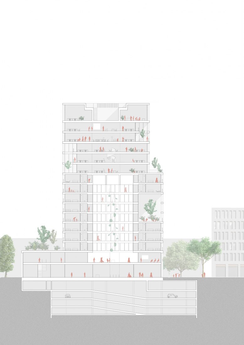 Section. Mixed-use hotel, retail and office building in Munich by Morris+Company and Kirchberger & Wiegner Rohde.