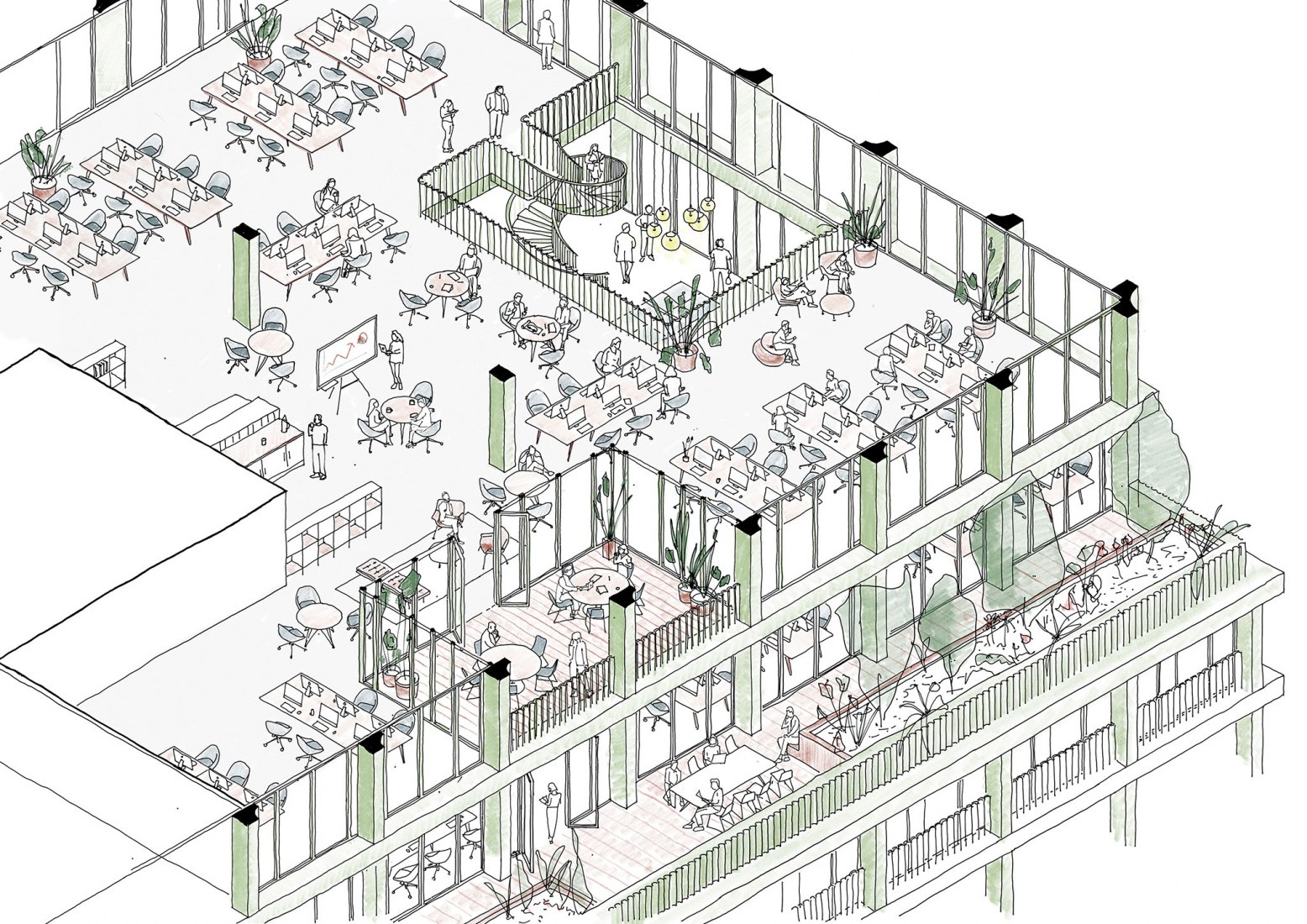 Axonometry. Mixed-use hotel, retail and office building in Munich by Morris+Company and Kirchberger & Wiegner Rohde.