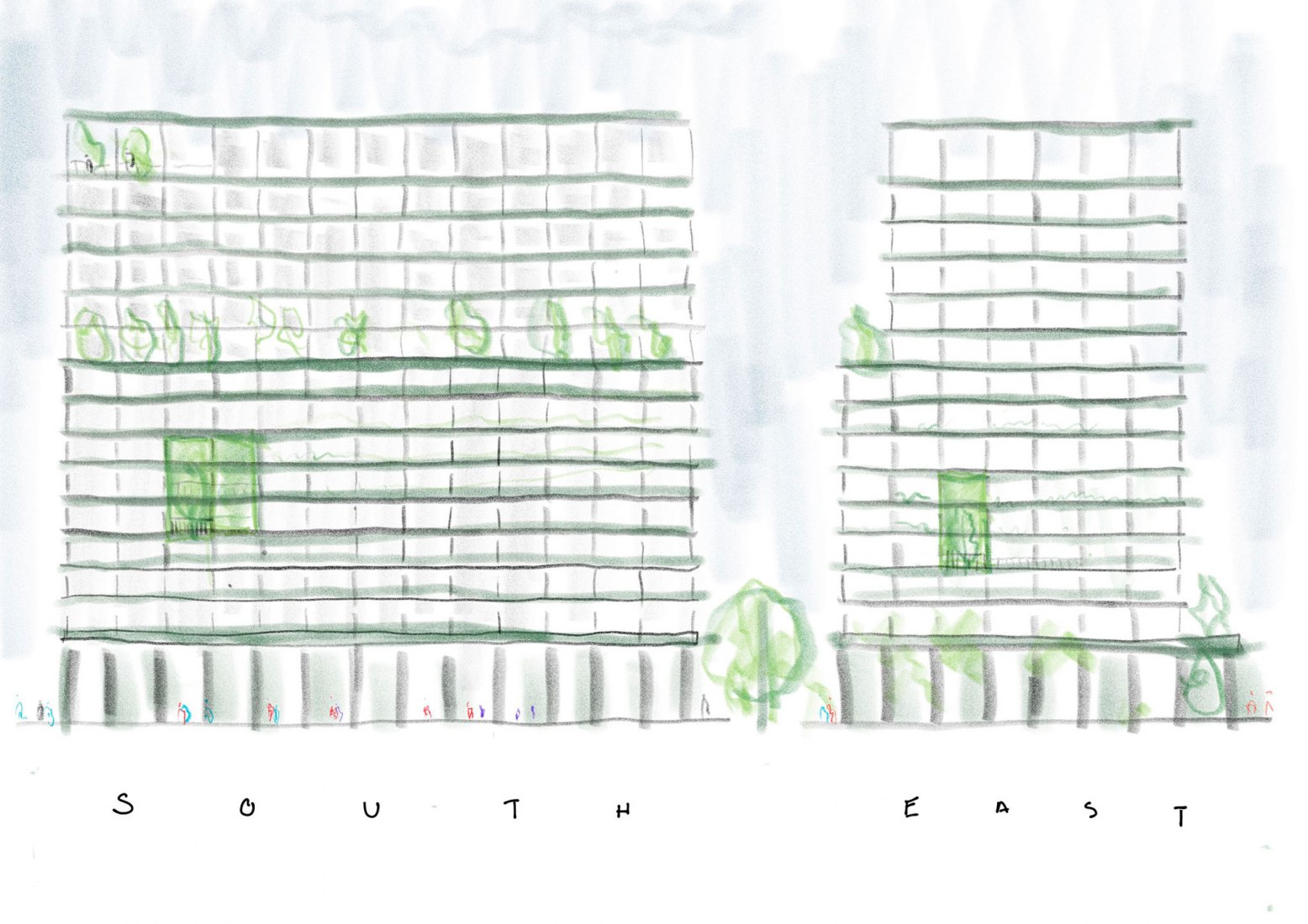 Sketch. Mixed-use hotel, retail and office building in Munich by Morris+Company and Kirchberger & Wiegner Rohde.