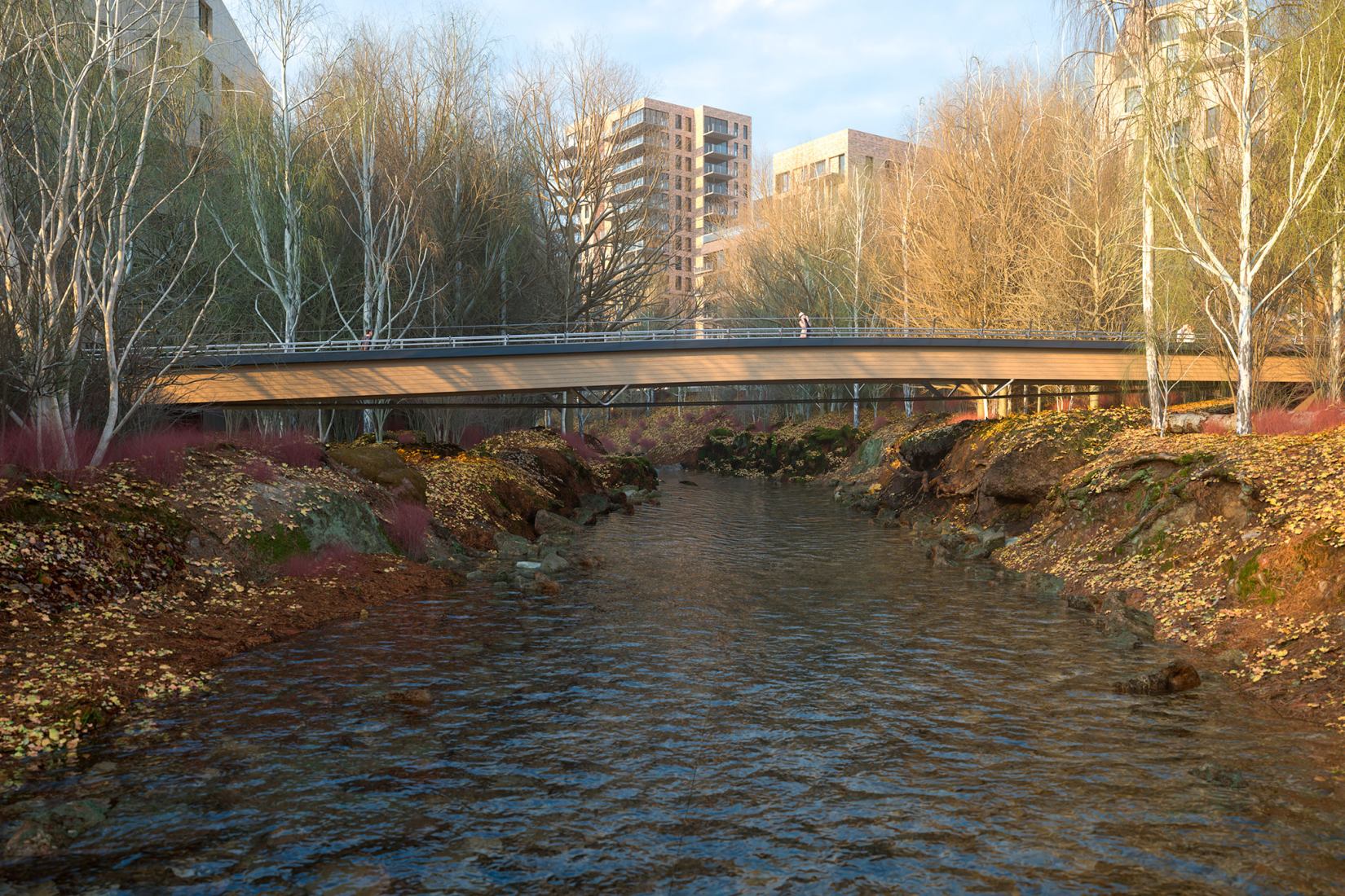 Kulturbroene north bridge. Visualisation of Culture Bridges, Lilleakerbyen, Oslo by Moxon Architects.