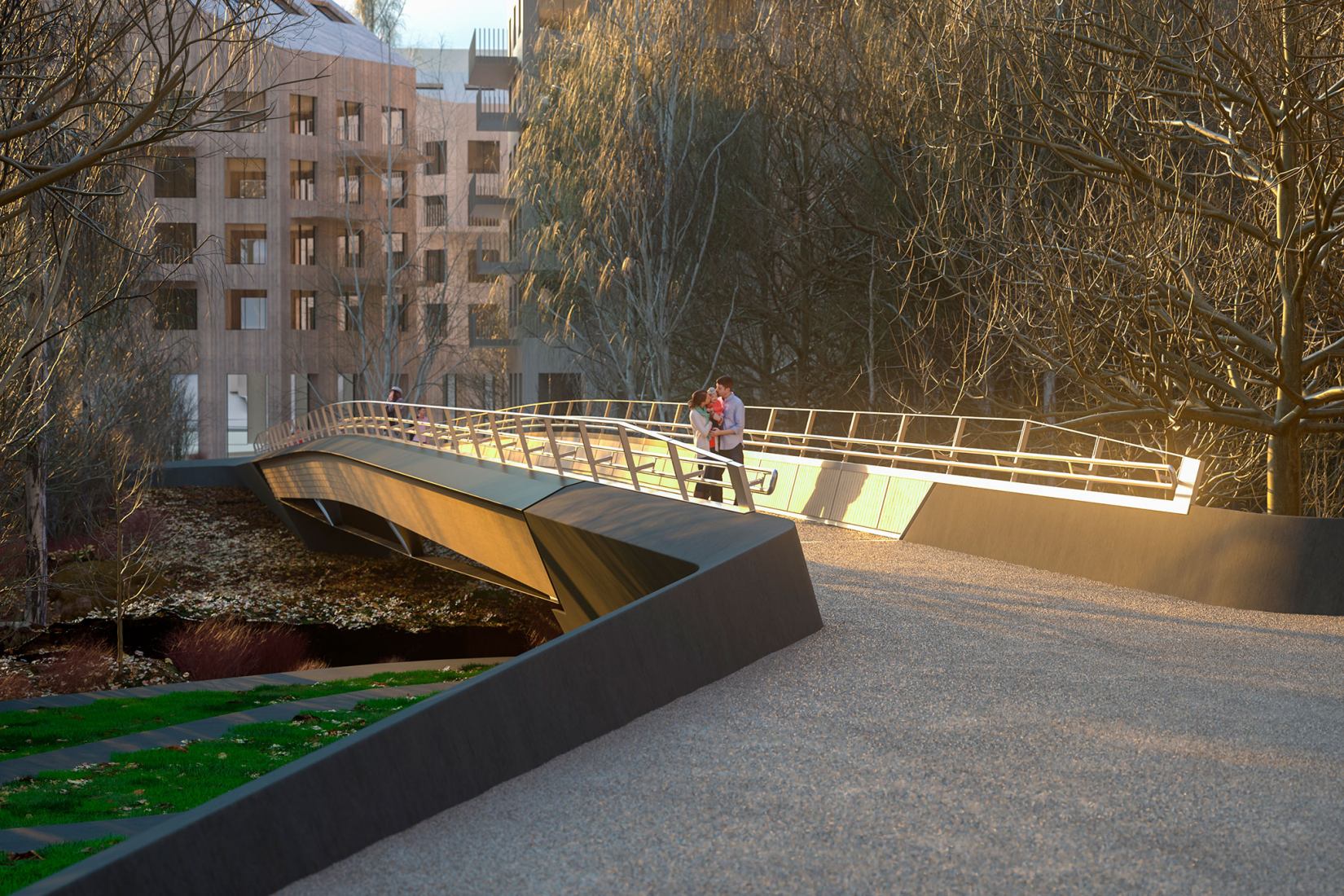 Kulturbroene north bridge. Visualisation of Culture Bridges, Lilleakerbyen, Oslo by Moxon Architects.