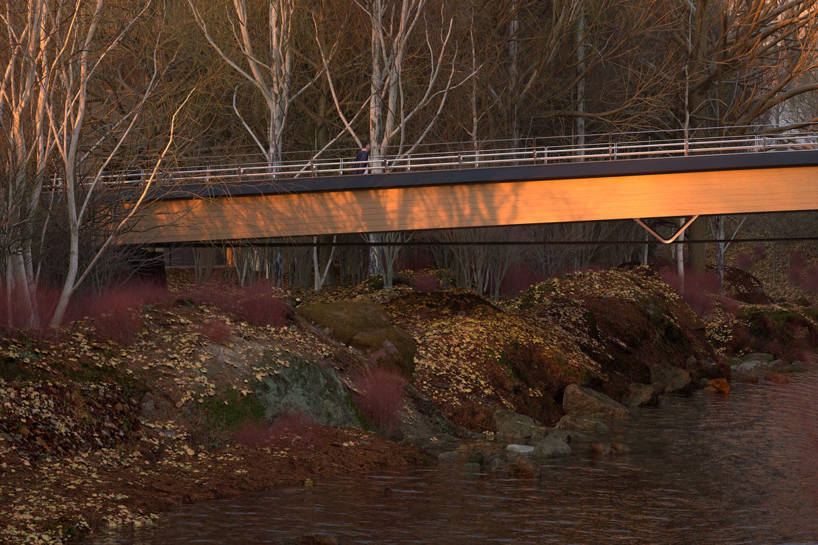 Kulturbroene north bridge. Visualisation of Culture Bridges, Lilleakerbyen, Oslo by Moxon Architects.