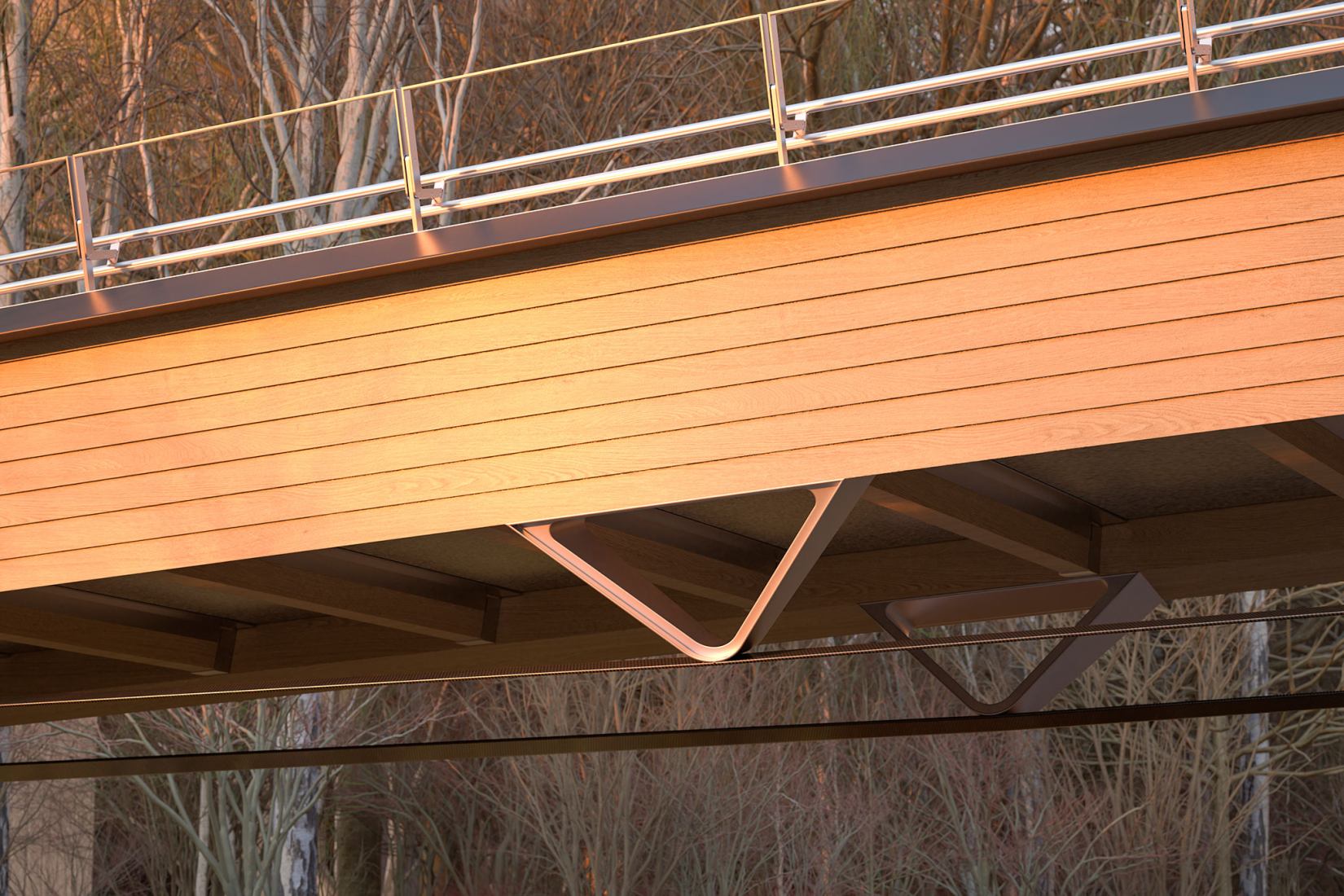 Kulturbroene north bridge. Visualisation of Culture Bridges, Lilleakerbyen, Oslo by Moxon Architects.