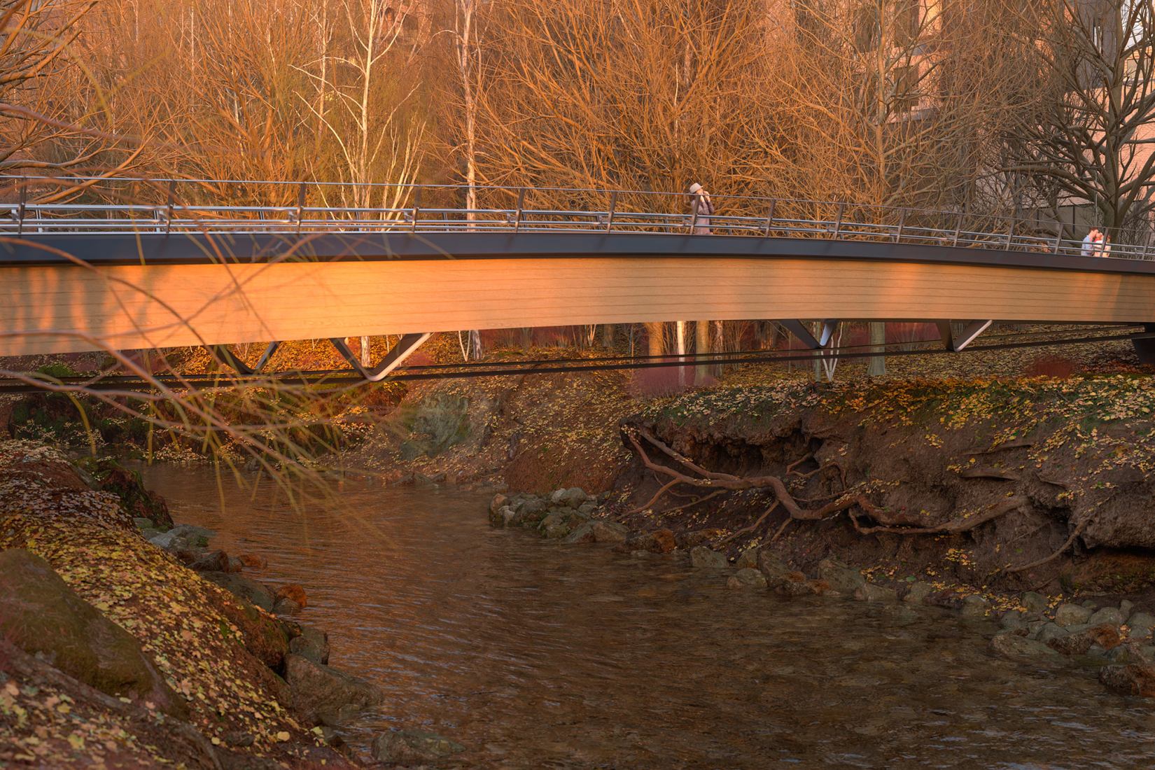 Kulturbroene north bridge. Visualisation of Culture Bridges, Lilleakerbyen, Oslo by Moxon Architects.
