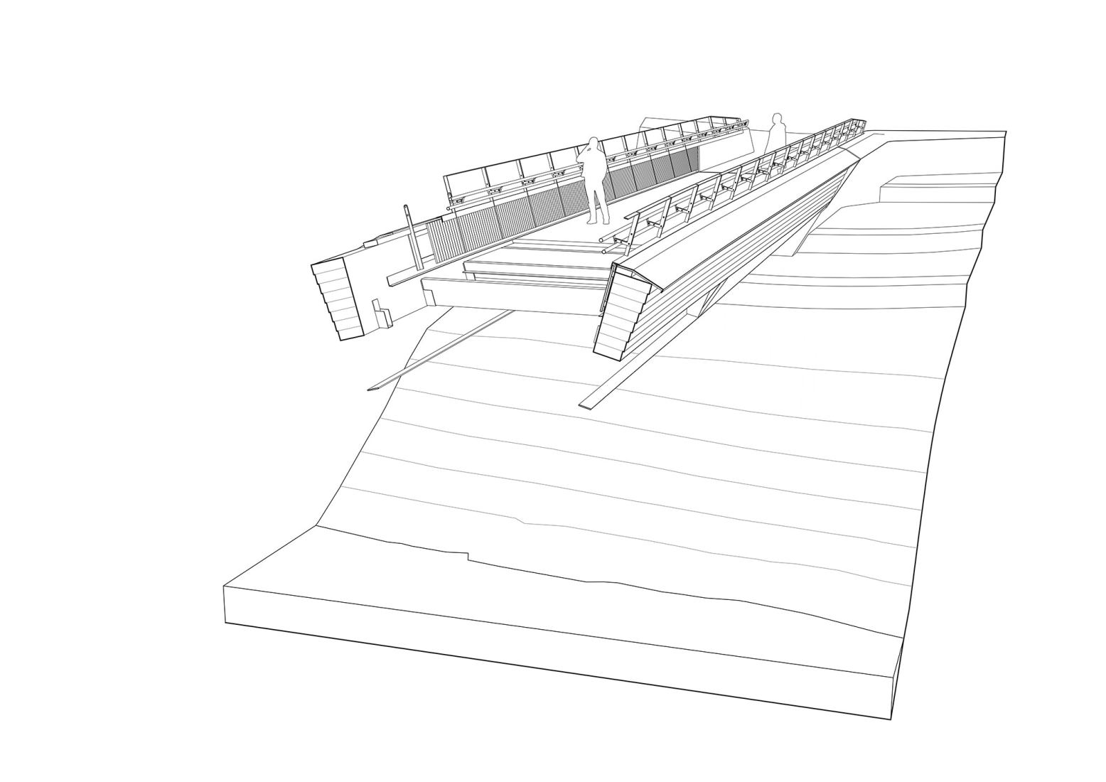 North bridge axonometry. Culture Bridges, Lilleakerbyen, Oslo by Moxon Architects.