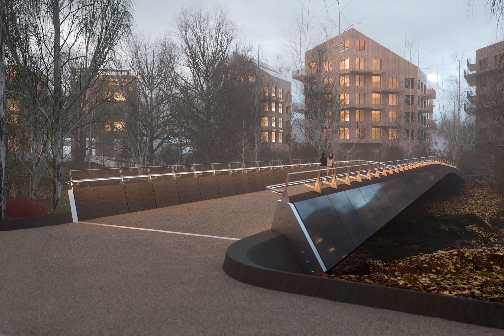 Kulturbroene south bridge. Visualisation of Culture Bridges, Lilleakerbyen, Oslo by Moxon Architects.