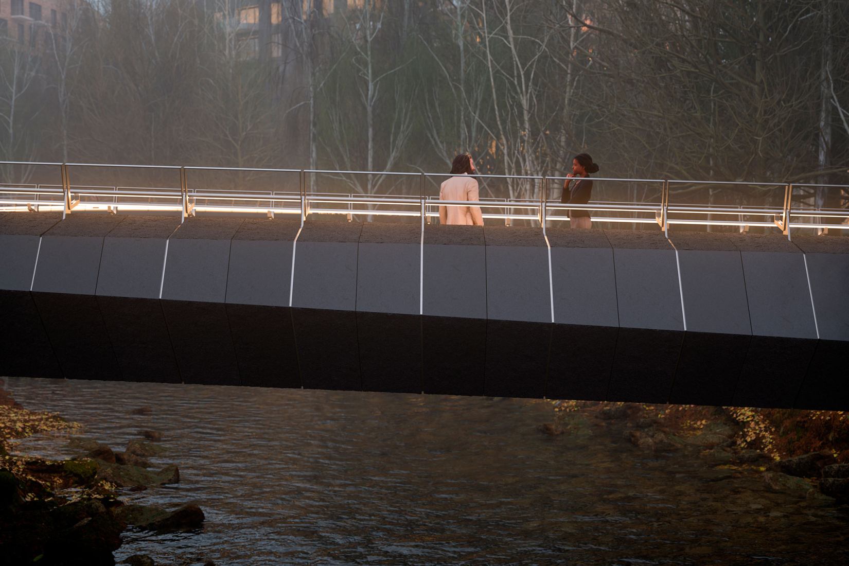 Kulturbroene south bridge. Visualisation of Culture Bridges, Lilleakerbyen, Oslo by Moxon Architects.