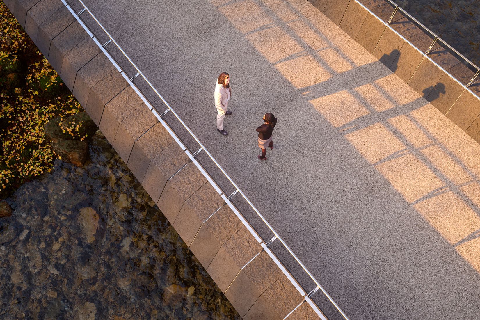 Kulturbroene south bridge. Visualisation of Culture Bridges, Lilleakerbyen, Oslo by Moxon Architects.