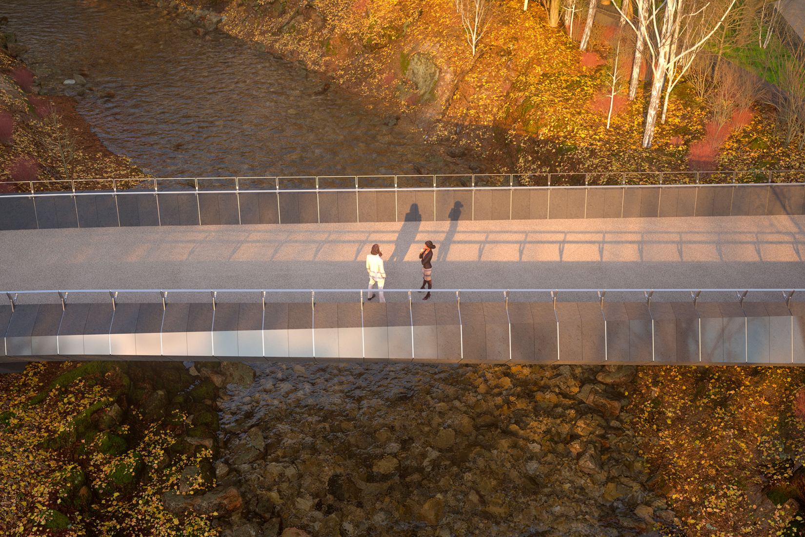 Kulturbroene south bridge. Visualisation of Culture Bridges, Lilleakerbyen, Oslo by Moxon Architects.