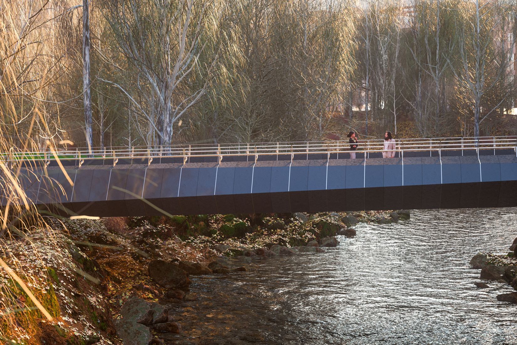 Kulturbroene south bridge. Visualisation of Culture Bridges, Lilleakerbyen, Oslo by Moxon Architects.