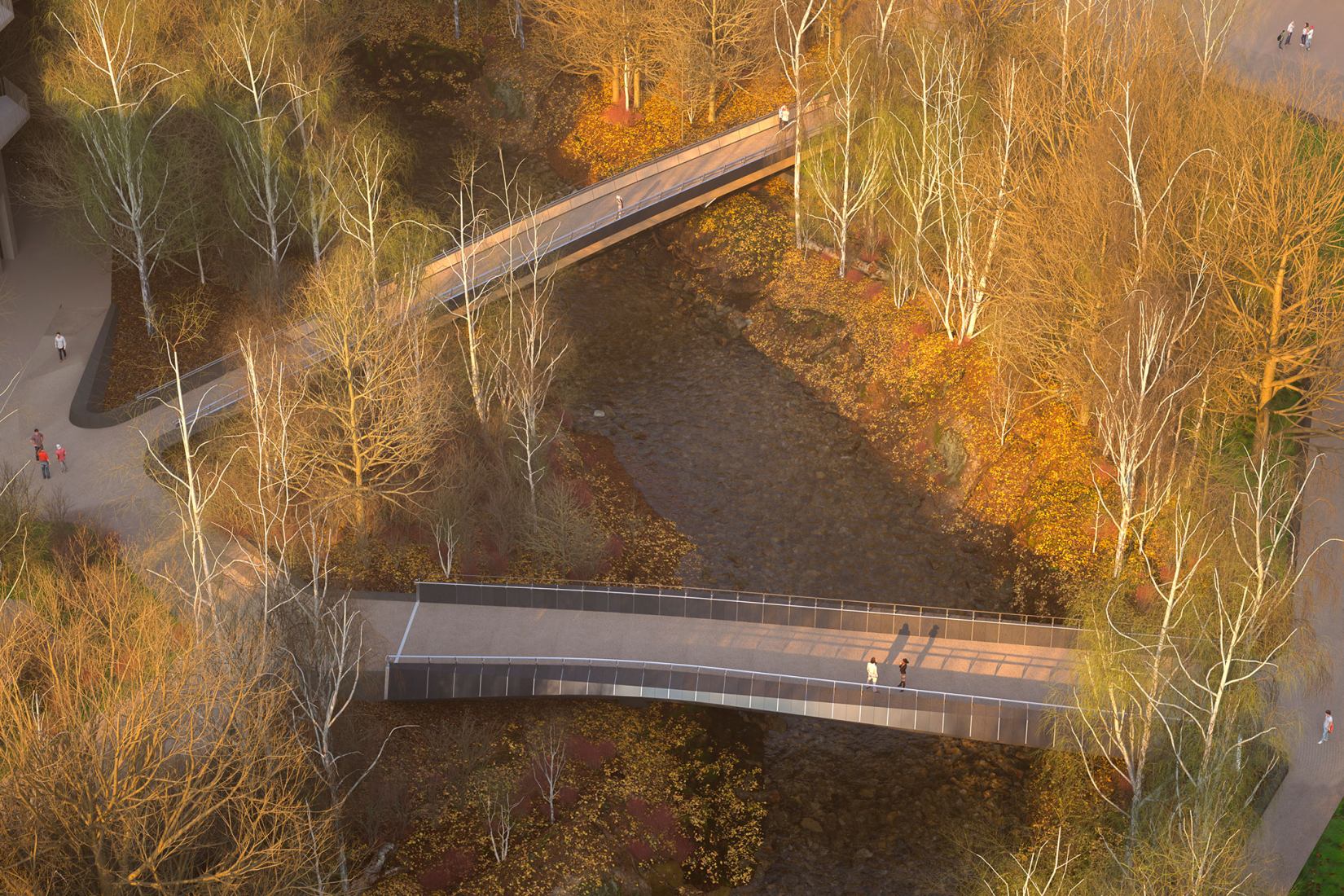 Kulturbroene south bridge. Visualisation of Culture Bridges, Lilleakerbyen, Oslo by Moxon Architects.