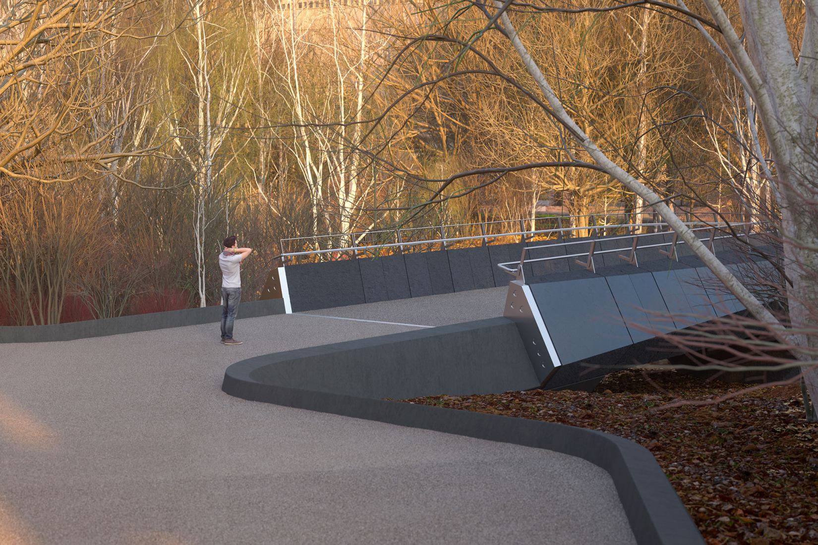 Kulturbroene south bridge. Visualisation of Culture Bridges, Lilleakerbyen, Oslo by Moxon Architects.