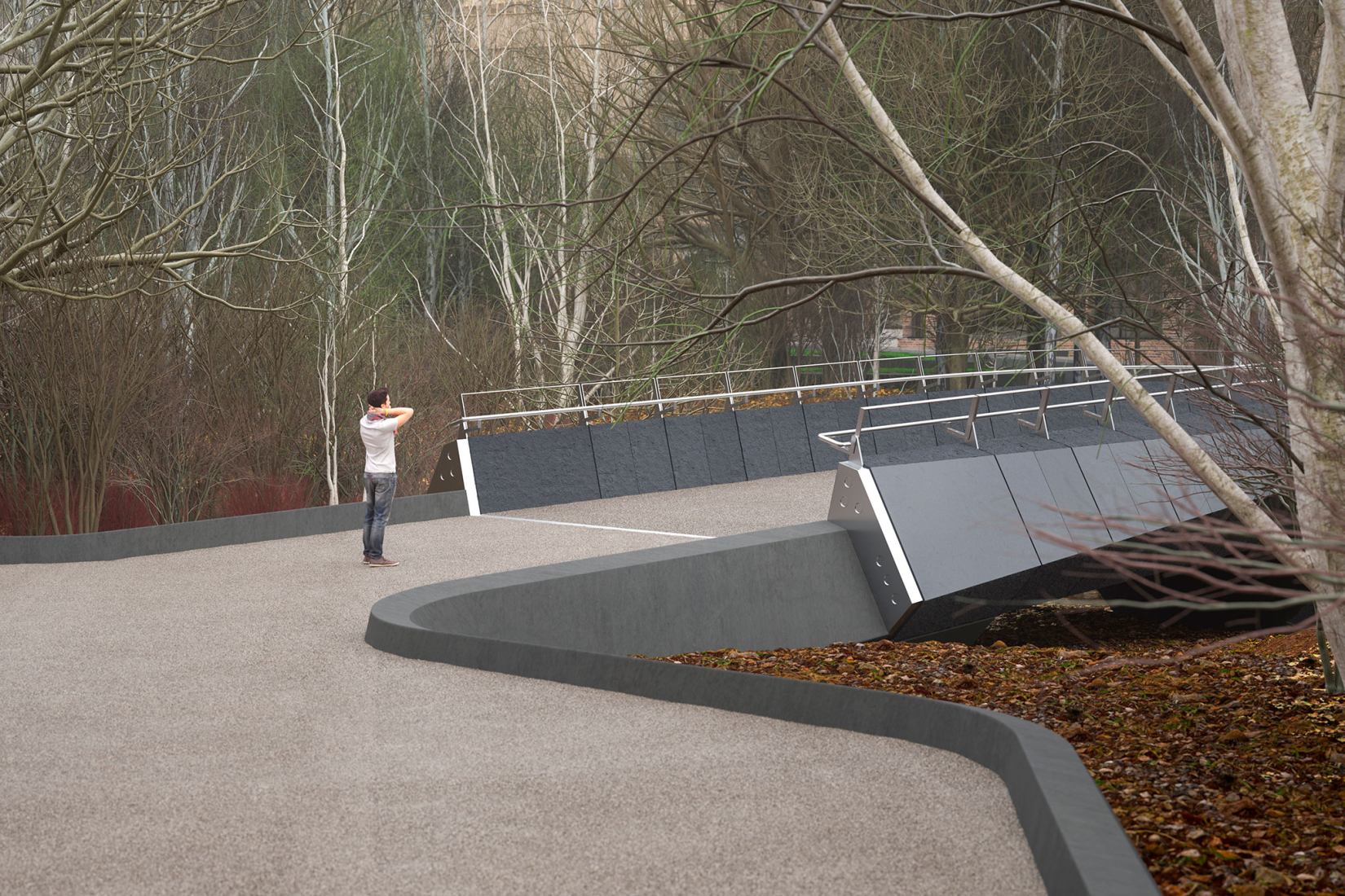 Kulturbroene south bridge. Visualisation of Culture Bridges, Lilleakerbyen, Oslo by Moxon Architects.
