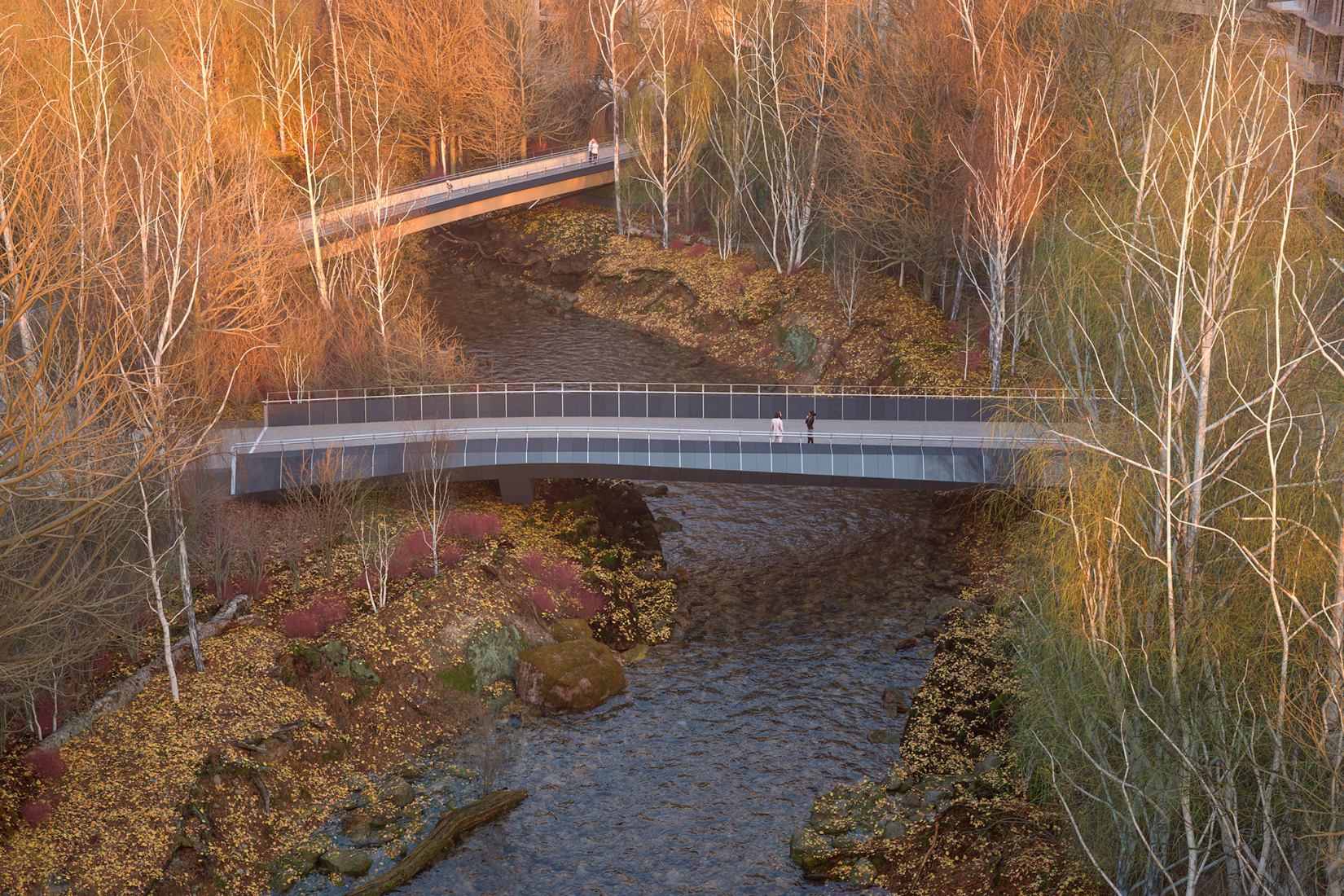 Kulturbroene south bridge. Visualisation of Culture Bridges, Lilleakerbyen, Oslo by Moxon Architects.
