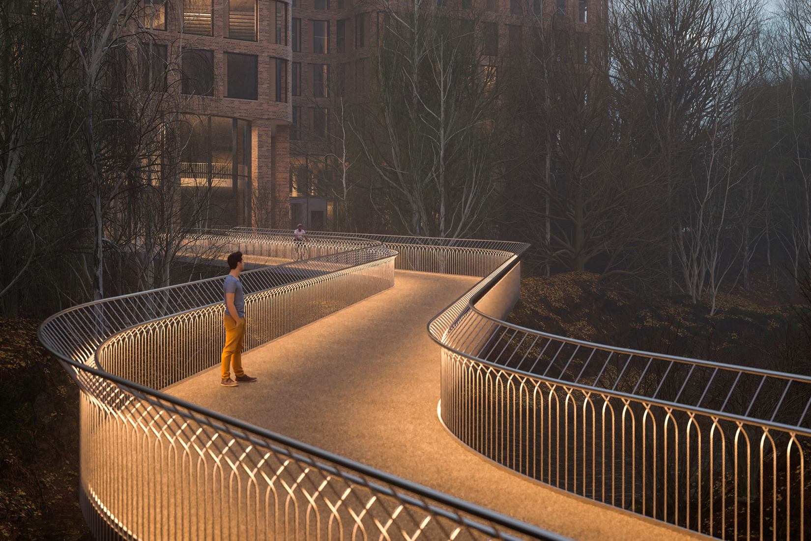 Sykkelbroen bridge. Visualisation of Culture Bridges, Lilleakerbyen, Oslo by Moxon Architects.