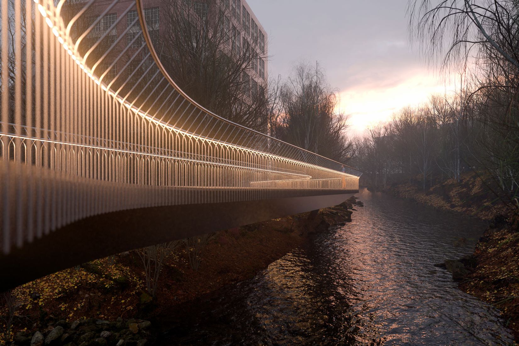 Sykkelbroen bridge. Visualisation of Culture Bridges, Lilleakerbyen, Oslo by Moxon Architects.