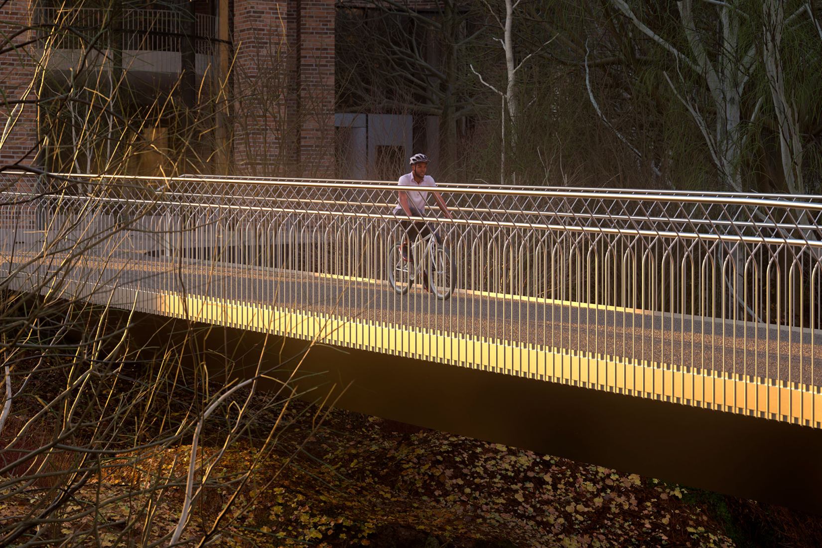 Sykkelbroen bridge. Visualisation of Culture Bridges, Lilleakerbyen, Oslo by Moxon Architects.