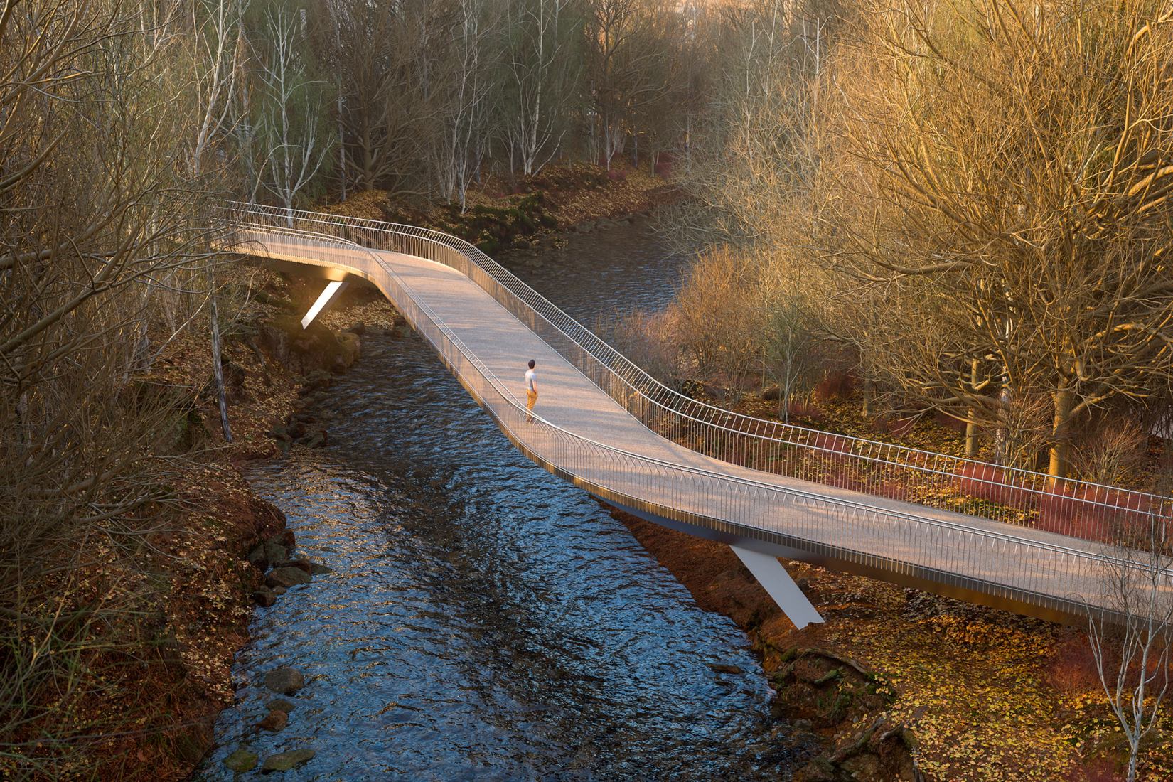 Sykkelbroen bridge. Visualisation of Culture Bridges, Lilleakerbyen, Oslo by Moxon Architects.