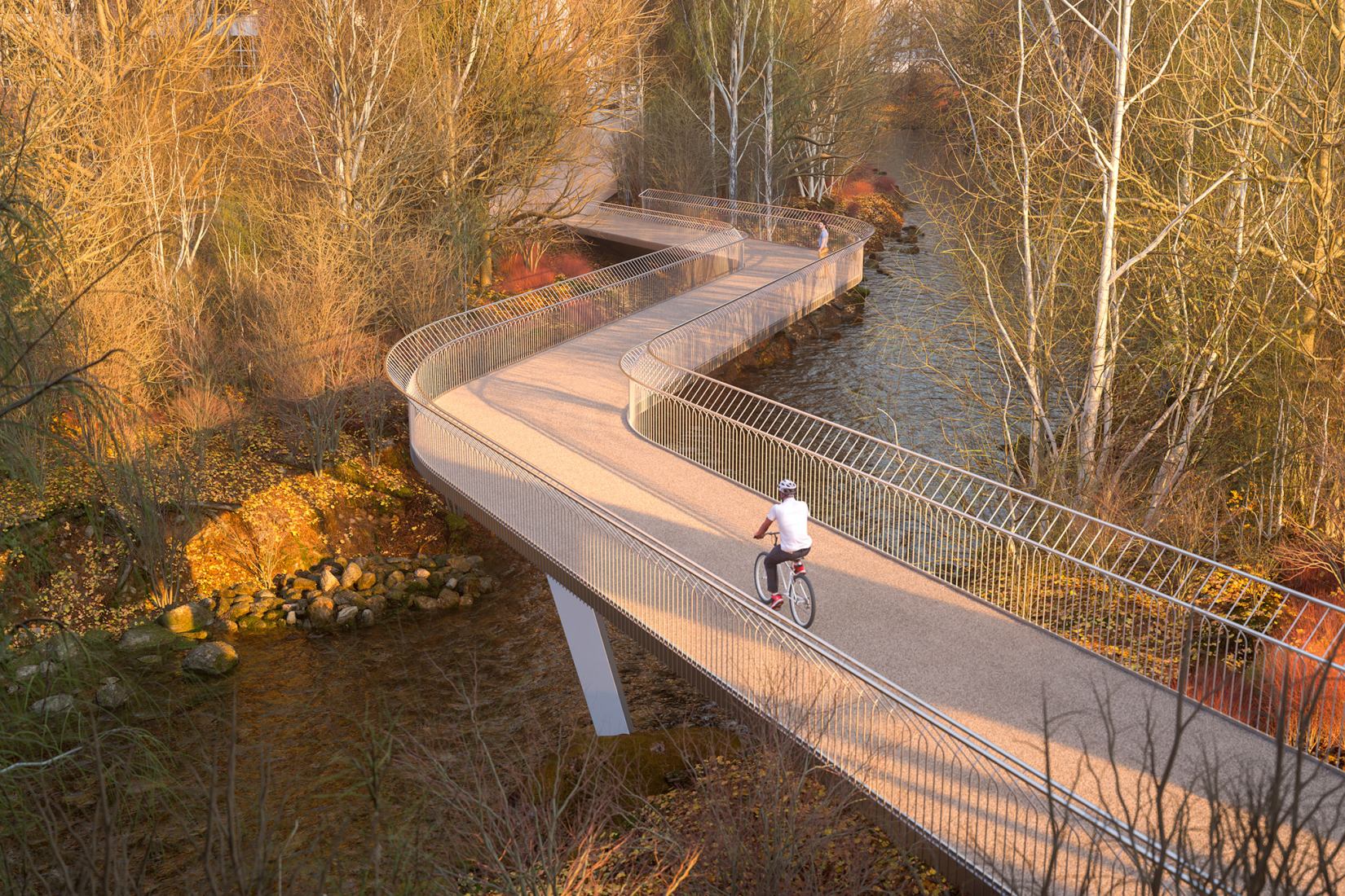 Sykkelbroen bridge. Visualisation of Culture Bridges, Lilleakerbyen, Oslo by Moxon Architects.