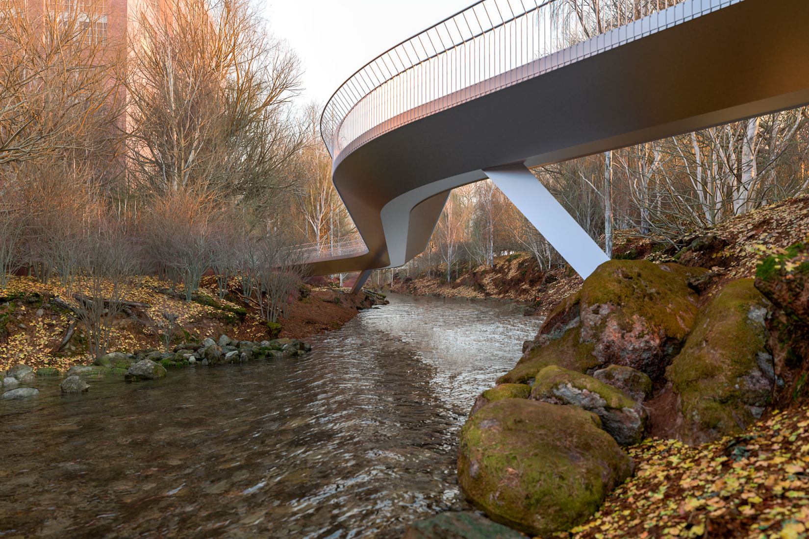 Sykkelbroen bridge. Visualisation of Culture Bridges, Lilleakerbyen, Oslo by Moxon Architects.
