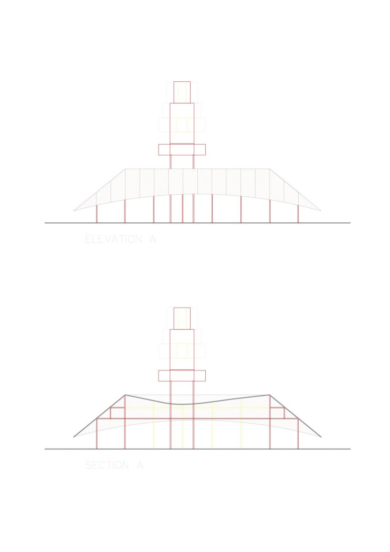 Alzado y sección. "MPavilion 2014" en Melbourne por Bijoy Jain de Studio Mumbai.